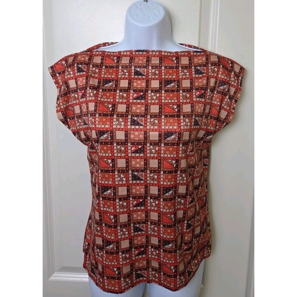 Vtg 70s Hand Made Double Knit Brown Orange Print‎ Boat Neck Blouse Top Small?